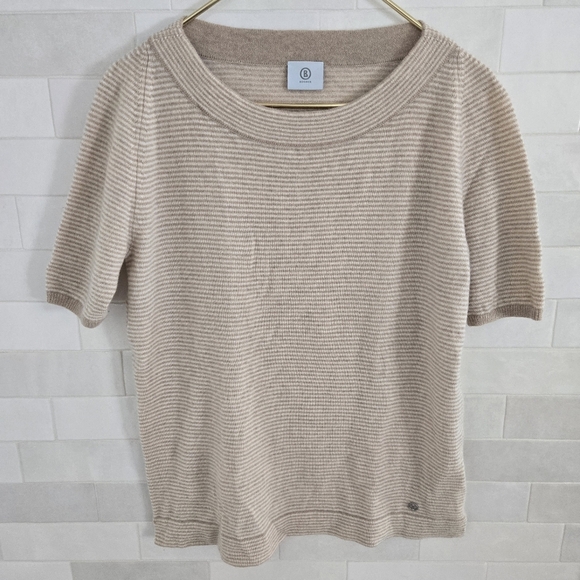 Bogner Sweaters - Bogner 100% Cashmere Wool Knit Short-Sleeve Striped Sweater Top Beige Cream Tan
